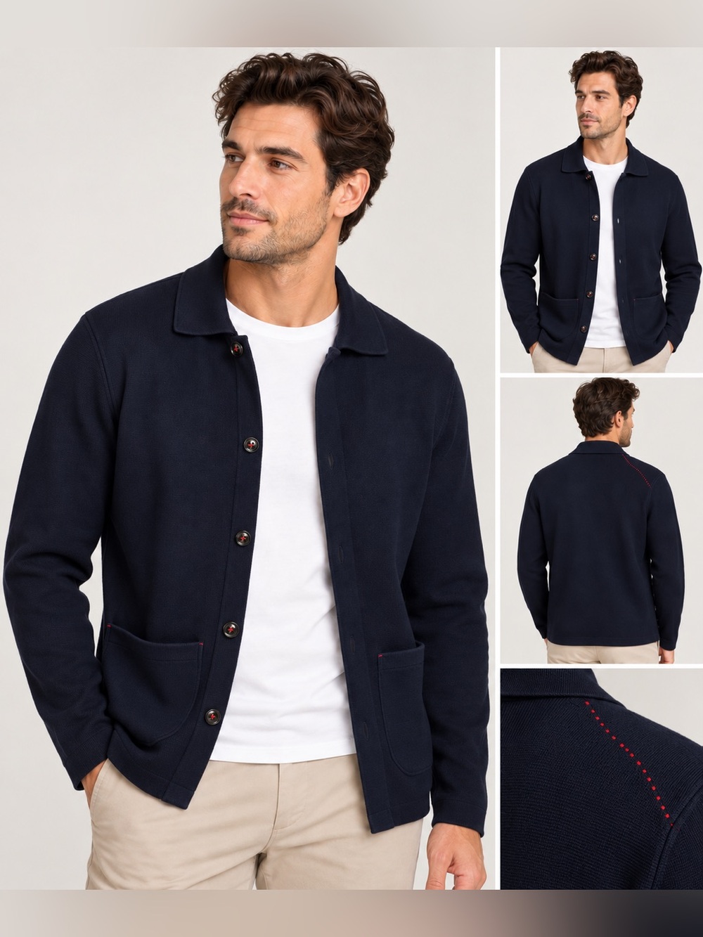 NWT Carolina Herrera Navy Blue Combed Cotton Knit Straight Fit Jacket